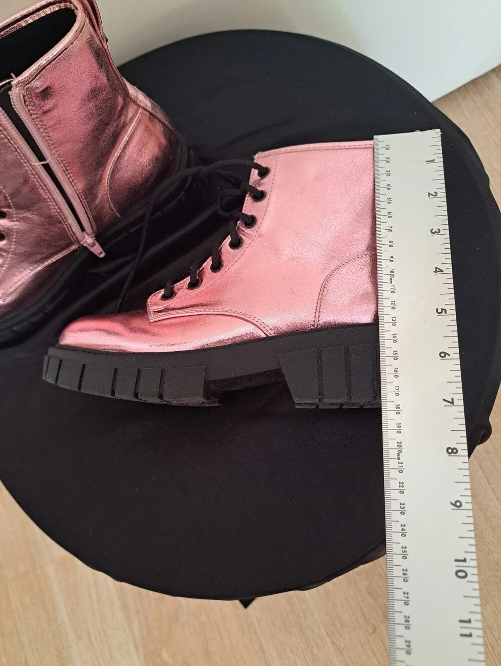 Metallic Pink Lace-Up Combat Boots with Chunky Black Sole